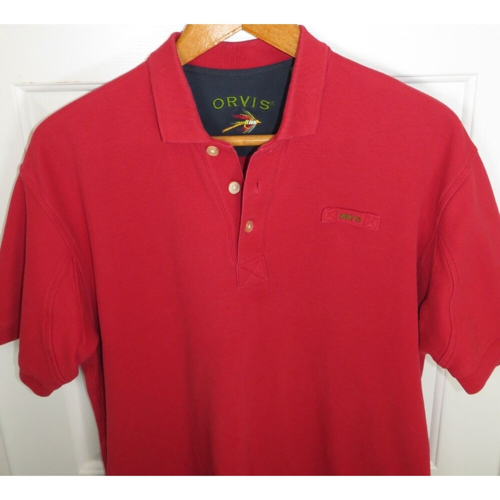Orvis Men’s Signature Polo Shirt Solid Heavy Cotton Red Size LG Logo